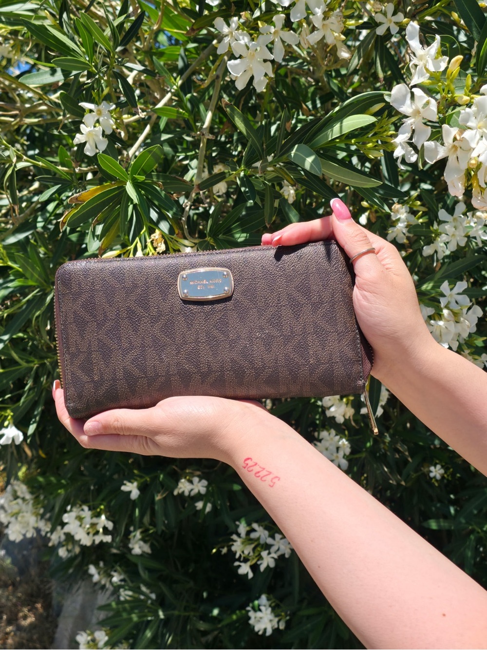 Michael Kors Brown Logo Zip-Around Wallet with Gold Hardware